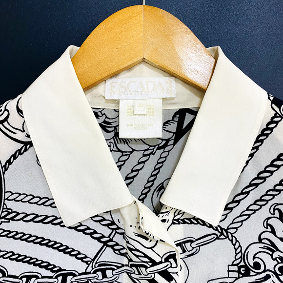 Escada By Margaretha Ley Blouse Women's Size 38 Beige Nautical Print Button Up - Picture 6 of 13